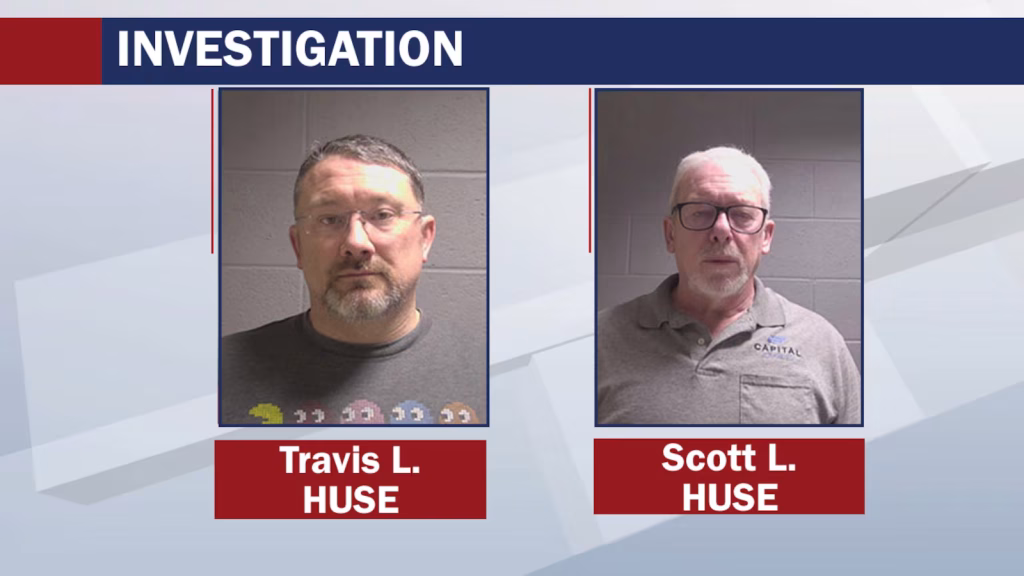Two mugshots side by side under the heading "INVESTIGATION," labeled with the names Travis L. Huse and Scott L. Huse, related to a Langlade County church child sexual assault case.
